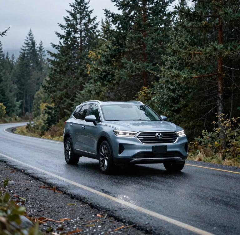 A clean modern SUV driving along a winding asphalt road through a dense pine forest near Spokane, overcast sky, cool damp road surface, crisp editorial photography.