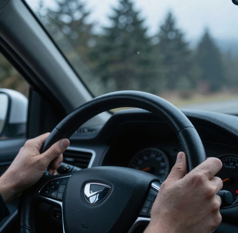 Crisp close-up of a driver's hands on a leather steering wheel, soft morning light filtering through the windshield, pine trees blurred in the background