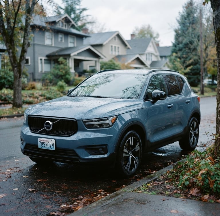 A portrait editorial photograph of a modern SUV parked on a quiet Spokane street, soft overcast daylight, cool slate blue tones, shallow depth of field.