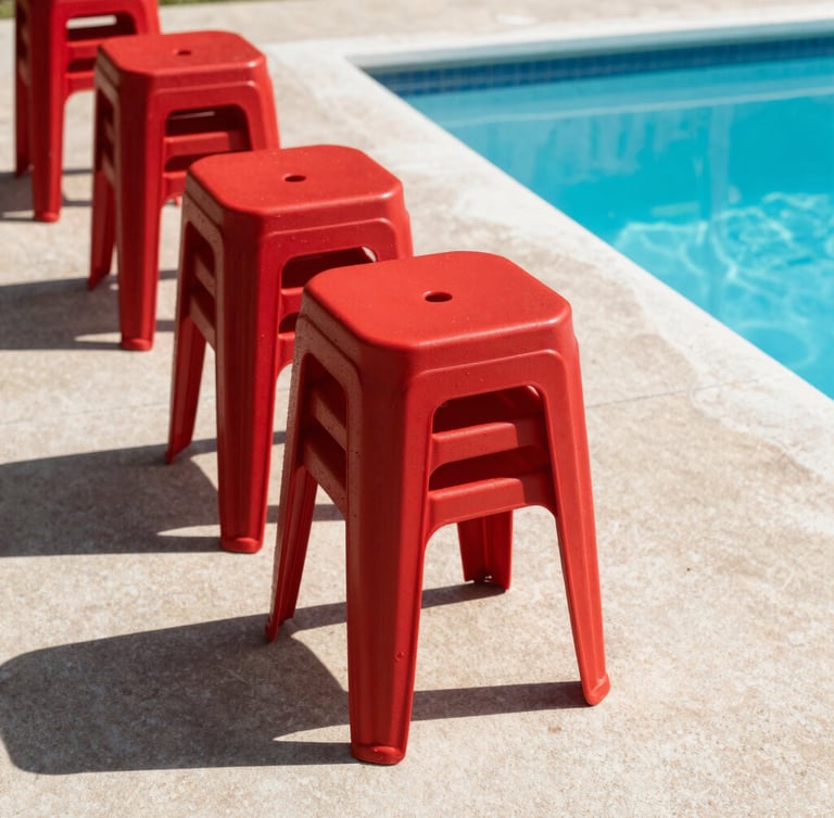 Medium environmental shot of bold red resin stools stacked neatly on a sun-drenched concrete deck by a pool, casting sharp architectural shadows, direct midday sun, 35mm lens.
