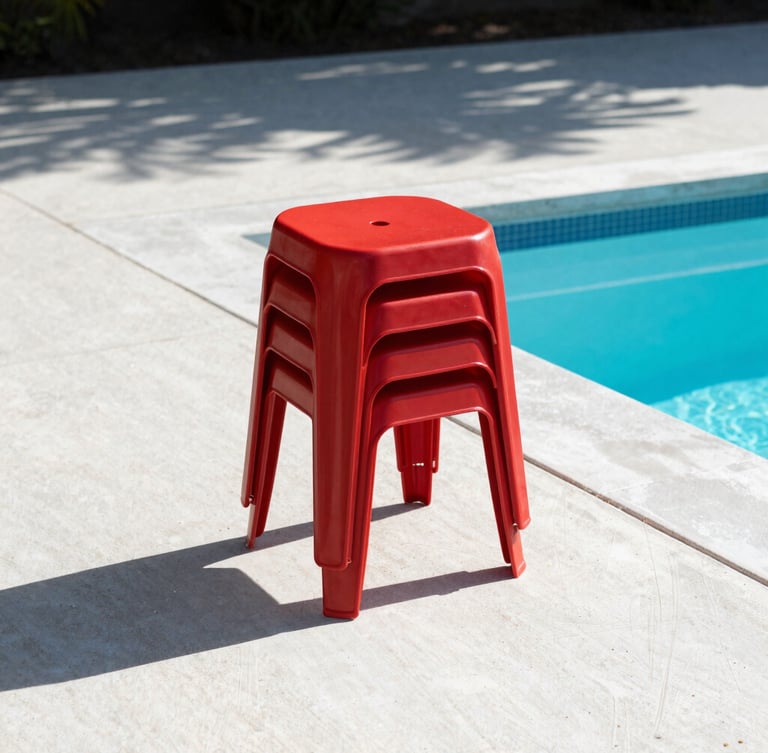 A stack of three bold red monobloc resin stools casting sharp geometric shadows on clean concrete poolside tiles, harsh midday sun, architectural framing