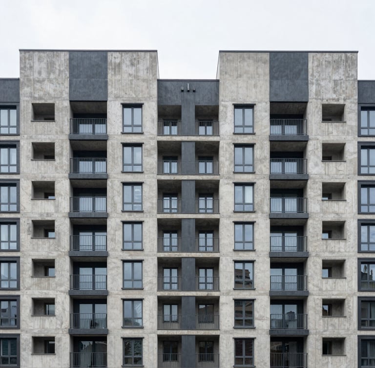 Straight-on symmetrical architectural facade of a modern concrete and steel residential building, stark gray tones, flat bright daylight, emphasis on spatial grid.