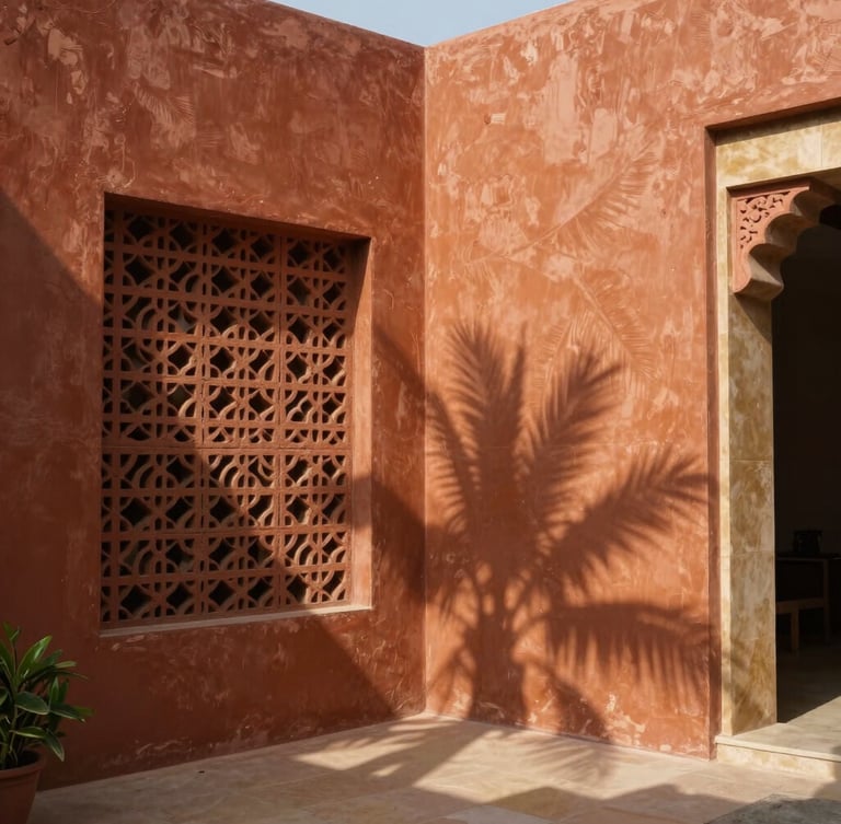 A dramatic architectural corner of a modern Indian home, high-contrast tropical sunlight casting deep shadows of a jali screen onto a textured terracotta-lime plaster wall, wide-angle, 35mm