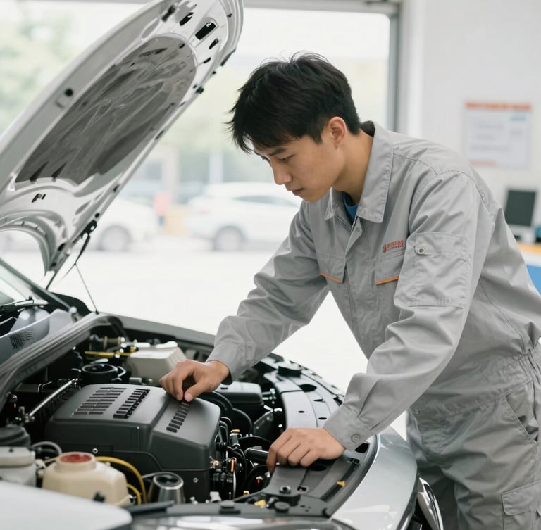 A professional mechanic in a clean light-gray uniform examining a spotless car engine under bright, natural daylight in a tidy workshop.