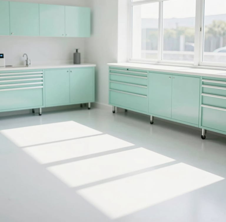 A bright, high-key editorial photograph of a spotless, modern auto repair bay with clean white floors, soft pastel mint green tool cabinets, and natural daylight pouring in.
