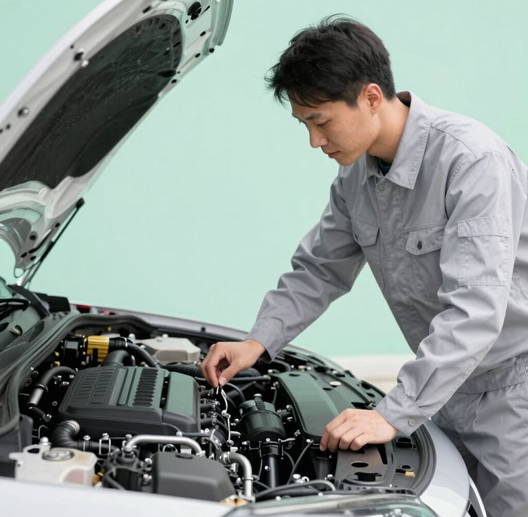A certified technician in a spotless light grey uniform carefully inspecting a clean engine bay, soft mint green background, high-key natural light, 35mm lens