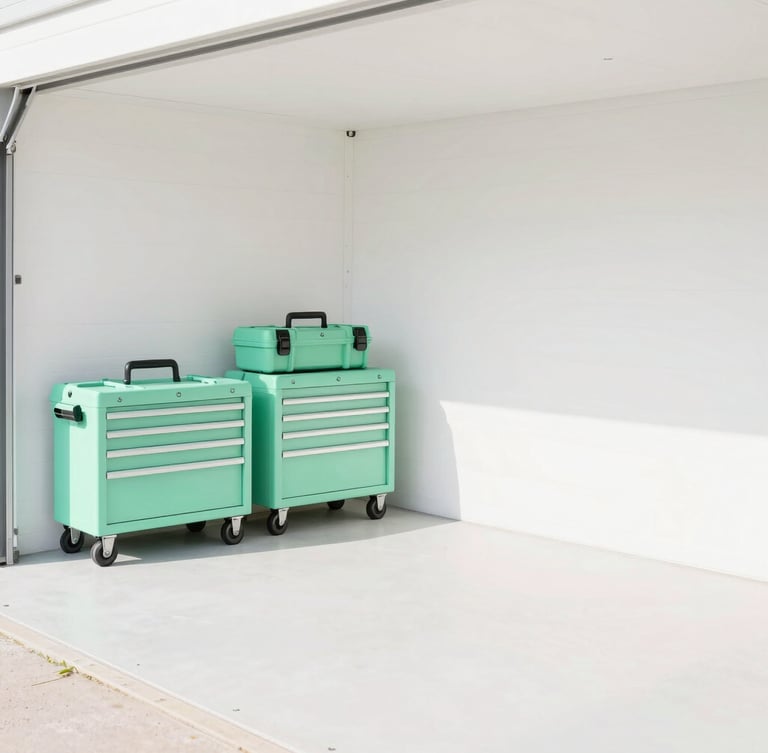 Bright editorial photography of a spotless, clean white garage bay with soft natural daylight, mint green toolboxes neatly organized, high-key lighting, 35mm lens