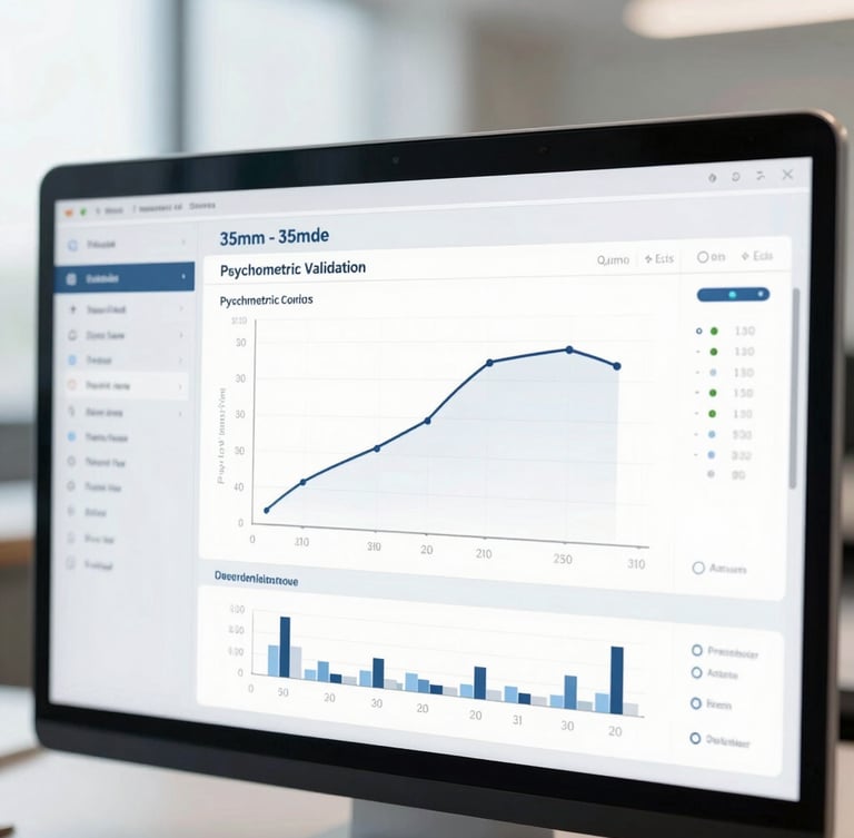 Close-up of a clean digital analytical dashboard showing psychometric validation curves and statistical data, bright natural daylight, neutral cool tones, sharp focus, 35mm