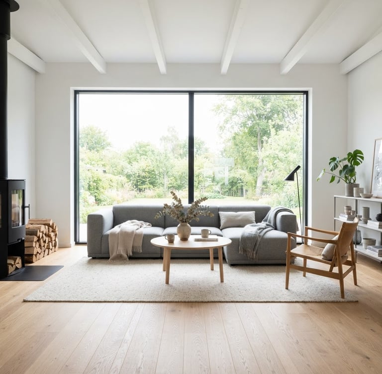 Bright high-key interior photography of a modern Scandinavian living room, crisp natural daylight, straight-on architectural perspective, wide-angle lens