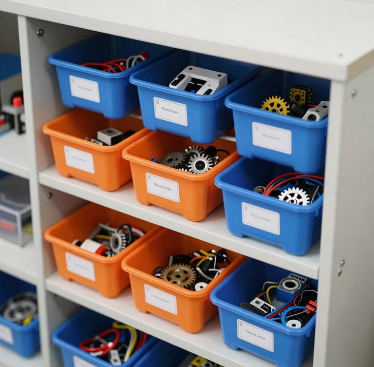 A close-up vertical shot of a neatly organized classroom storage cabinet filled with labeled orange and blue plastic bins containing robotics gears, sensors, and cables, bright clean lighting