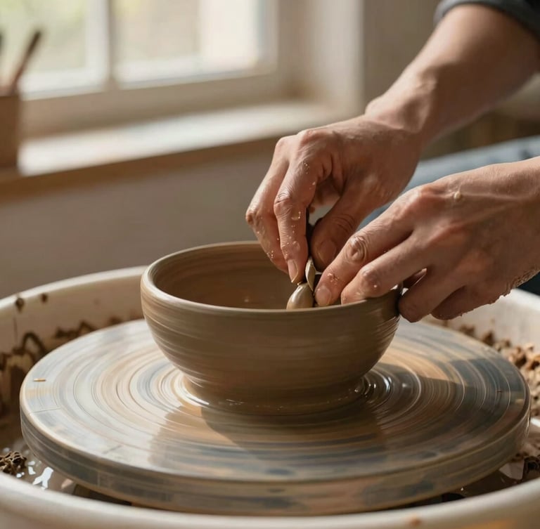 Close-up portrait shot of hands gently trimming the foot of a ceramic bowl on a potter's wheel, natural window light, shallow depth of field, tactile clay textures.