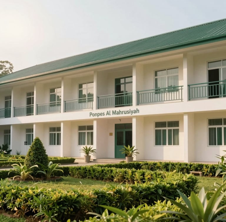 A clean and modern dormitory building at Ponpes Al Mahrusiyah, architectural shot with manicured green gardens in the foreground, bright morning sun, professional clean look, 35mm