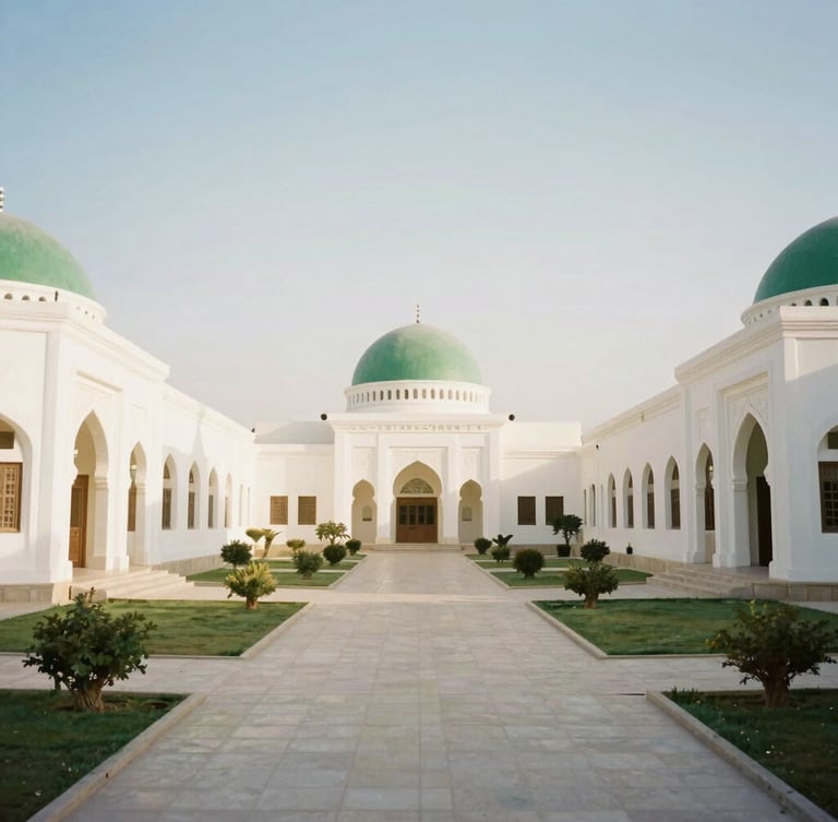 Wide environmental shot of Al Mahrusiyah campus in the soft morning sunlight, clean white buildings with green dome accents, neat pathways, serene academic atmosphere, 35mm photography