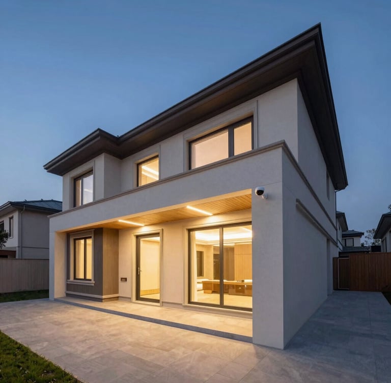 Wide architectural angle of a modern luxury home at twilight, showing clean exterior lines, integrated warm path lighting, and a discreet security camera on the corner.