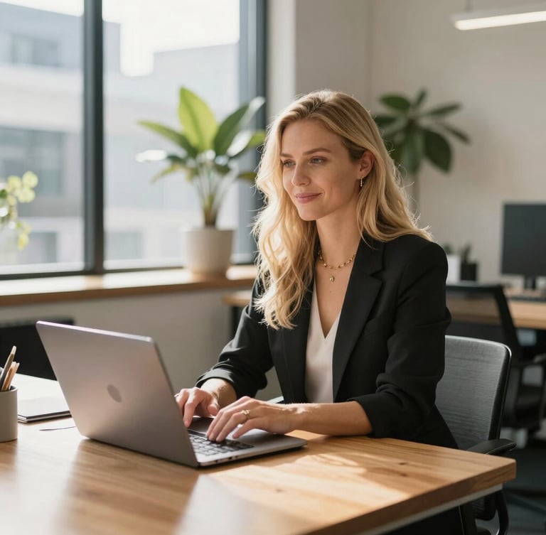 A natural environmental portrait of a female founder in a bright, sunlit Melbourne office, sitting at a clean timber desk with a laptop, soft indirect Australian daylight, warm editorial style.