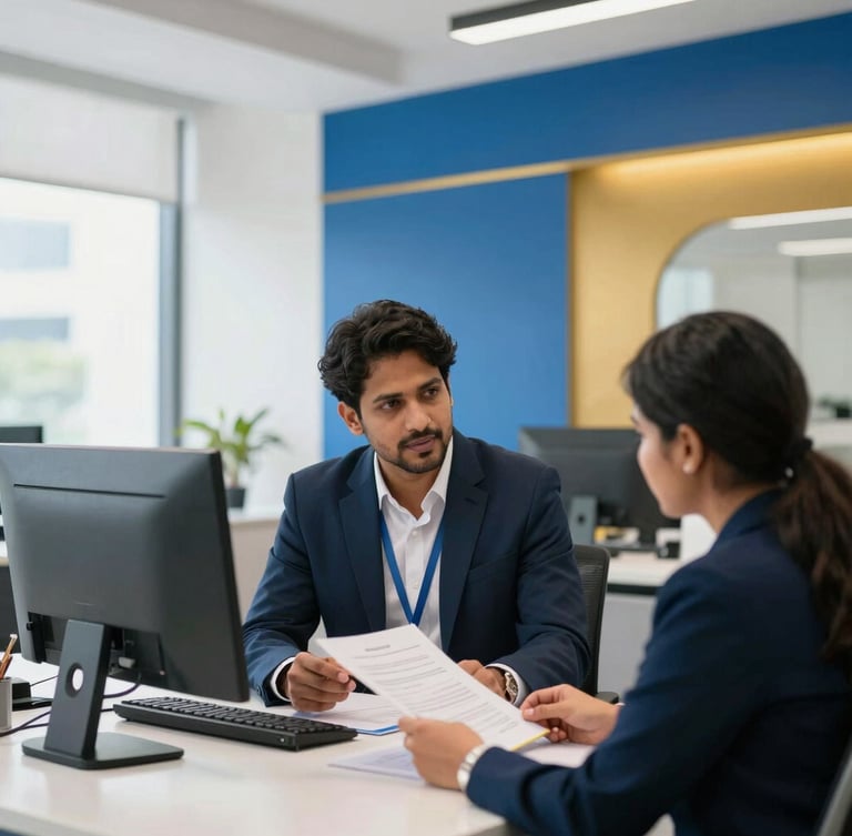 Professional tax consultant reviewing digital documents with a client in a modern Hyderabad office, bright daylight, clean architectural background, royal blue and gold accents.