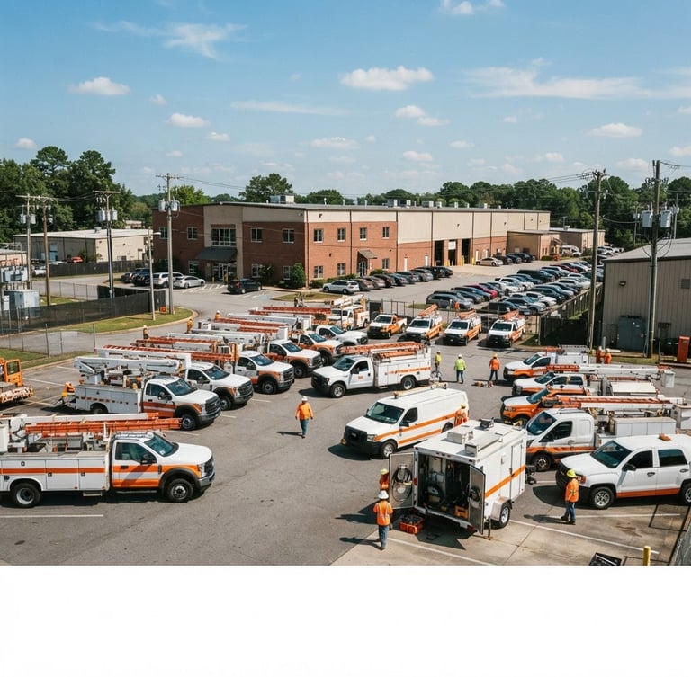 Wide panoramic shot of KYS Communications LLC headquarters in Jonesboro, GA, with a fleet of utility trucks and fiber splicing trailers parked outside under bright natural daylight, high-contrast safety orange accents, industrial utility photography, sharp focus, 35mm