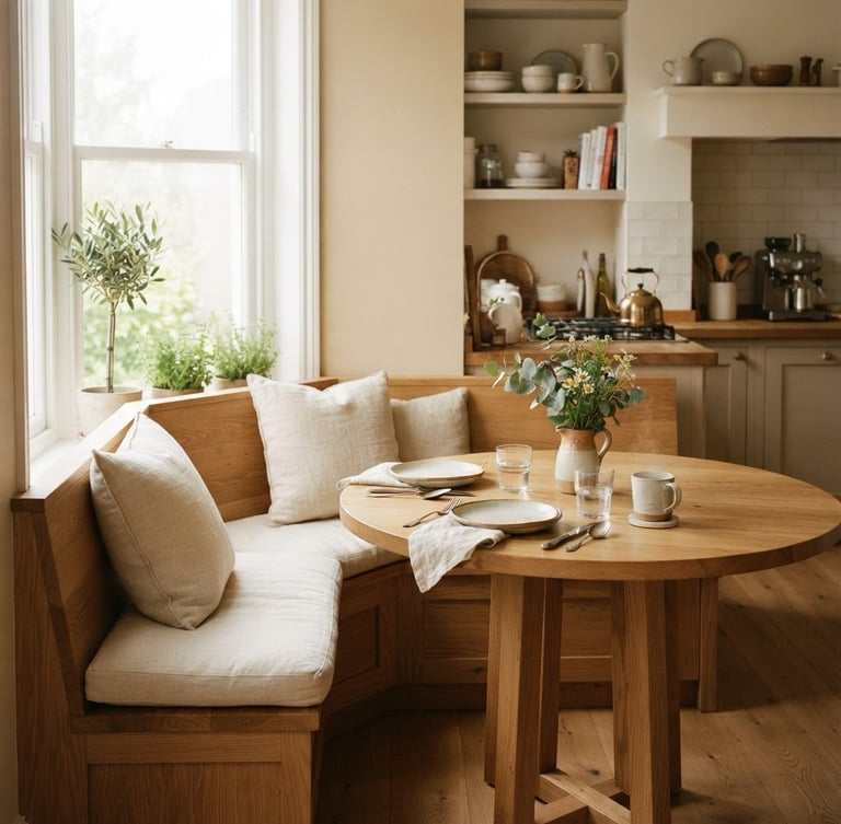 Warm editorial interior photography of a corner breakfast nook with soft oak and linen textures, styled in a tidy kitchen with natural morning light, detailed dimension overlays, architectural lines, shallow depth of field, 35mm.