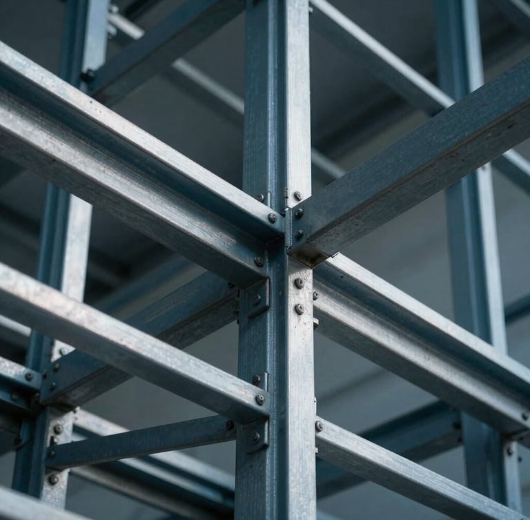 Extreme close-up of a structural steel grid layout, cool-toned blue and silver high-contrast studio lighting, sharp architectural lines.