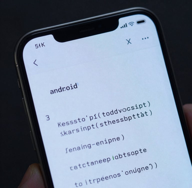 Extreme close-up of a physical Android device screen showing clean monospaced code, held by a hand, cool silver and blue studio lighting.