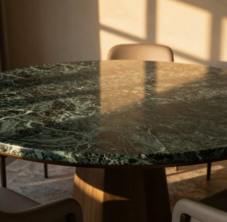 Close-up of a luxury private boardroom table made of dark green marble, warm golden hour light casting geometric shadows from window frames, minimalist and prestigious