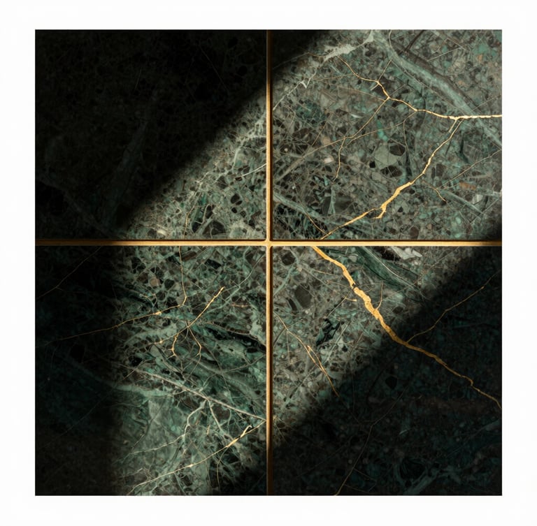 Close-up of premium dark green marble texture with gold veins, geometric brass divider line, high-contrast studio lighting, architectural detail