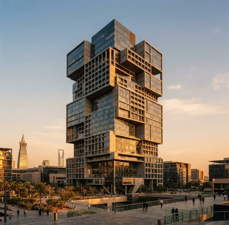 Wide architectural shot of a modern geometric skyscraper in Riyadh during golden hour, sharp shadows, rich concrete and glass textures, medium format photography