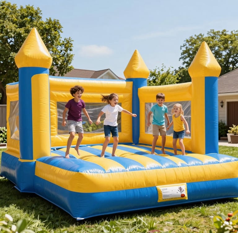 Bright high-key outdoor photography of a giant blue and yellow inflatable castle fully inflated in a sunny green backyard, happy children jumping safely, warm daylight.