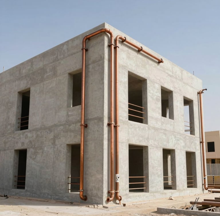 Wide-angle architectural photograph of a modern residential construction site in Riyadh, clean concrete walls, perfectly aligned copper plumbing pipes running vertically, bright natural desert daylight, professional engineering standard.