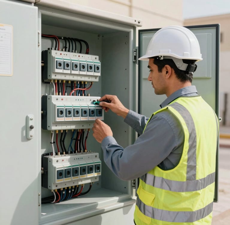 A professional engineer in a safety vest inspecting a modern, clean electrical panel in Riyadh, bright daylight, sharp focus on wiring and safety switches