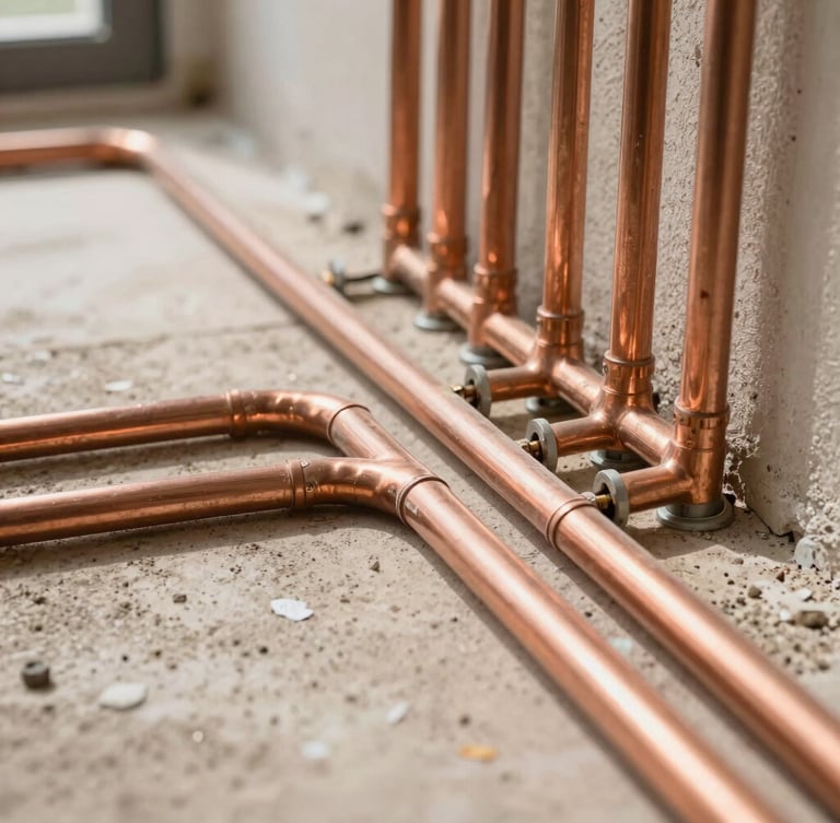 A close-up of organized, professional copper piping layout inside a Riyadh villa under renovation, bright natural daylight, showing precise alignment and compliance with building standards.
