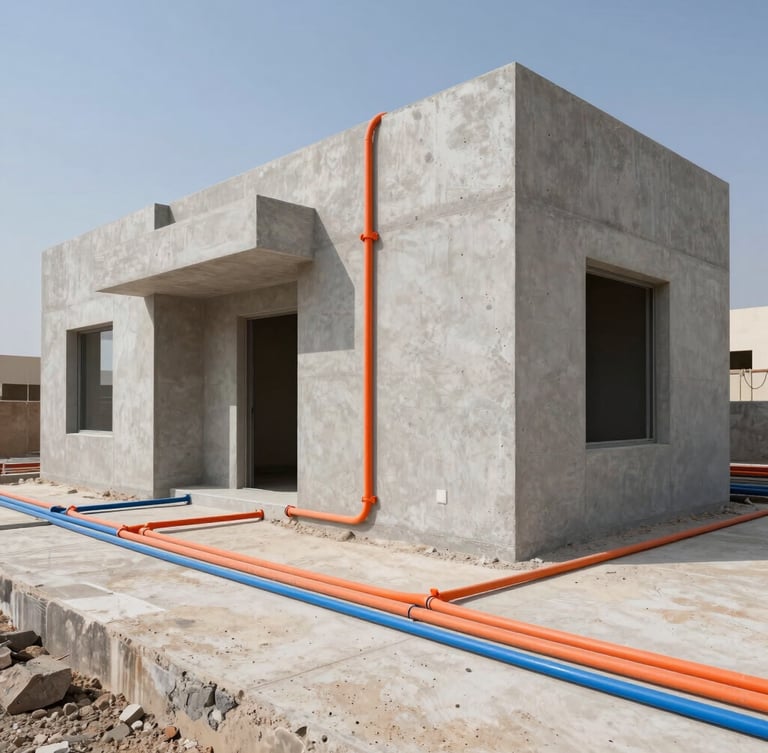 Wide shot of a modern villa construction site in Riyadh, clean organized grey concrete walls with precisely installed orange electrical conduits and blue water pipes, bright daylight.