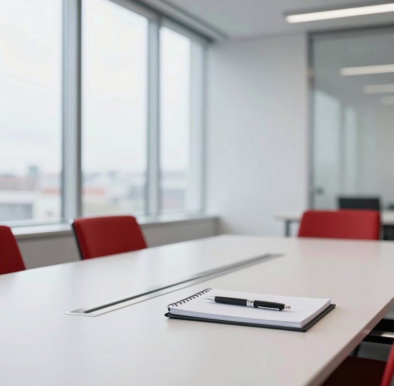 Modern Swiss office interior, clean meeting room with a large table, bright overcast daylight, a single pen and notebook on the table, sharp focus, 35mm.