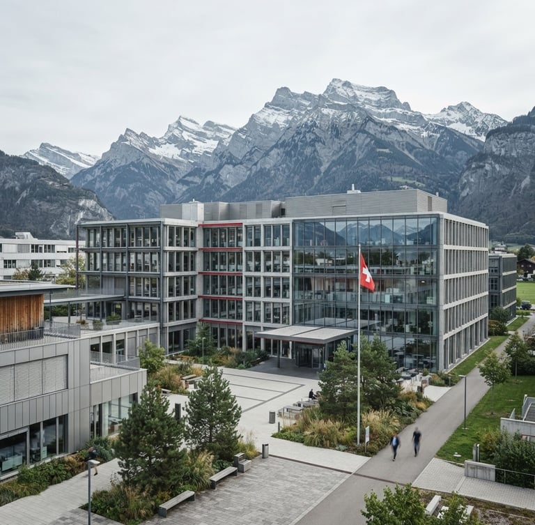 Modern Swiss office architecture, clean lines, bright overcast daylight, sharp focus, with a view of the Alps in the background, desaturated cool tones with red accents.
