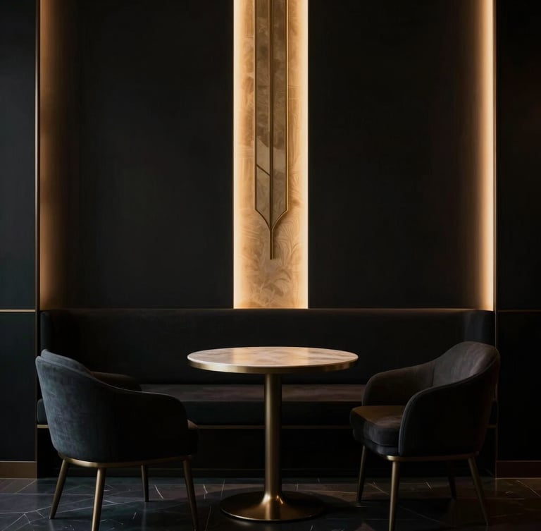 A quiet high-end consultation space, minimalist Art Deco lines, soft warm golden light leak on a dark wall, elegant interior, moody editorial photography