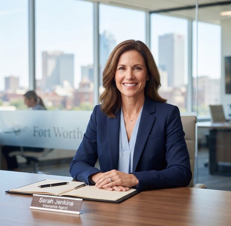 Professional insurance agent smiling confidently in a modern, bright office setting, Fort Worth skyline subtly blurred in the background, crisp daylight, sharp focus.