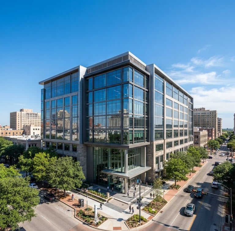 Wide shot of the modern Progressive Insurance office exterior on Throckmorton Street in Fort Worth, clean blue sky, bright daylight, professional corporate building, crisp corporate photography, sharp focus