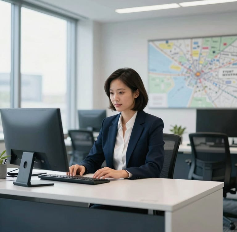 Modern office interior with a professional agent at a desk, a subtle map of Fort Worth visible, bright daylight, clean corporate aesthetic, crisp focus.