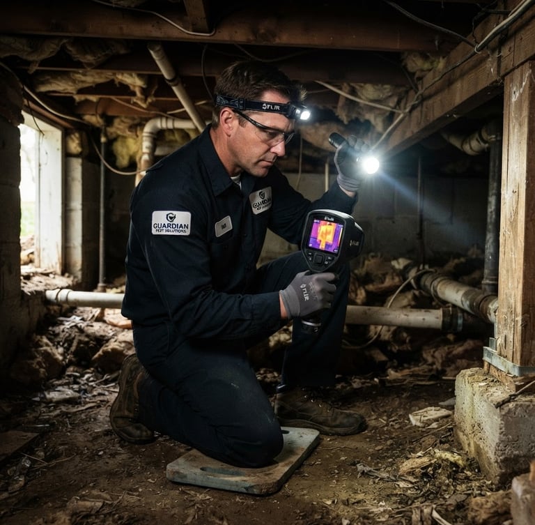 Professional pest control technician in a clean, branded uniform using thermal imaging equipment to inspect a dark crawlspace, flashlight beam cutting through the gloom, medium-wide shot, crisp 35mm lens.