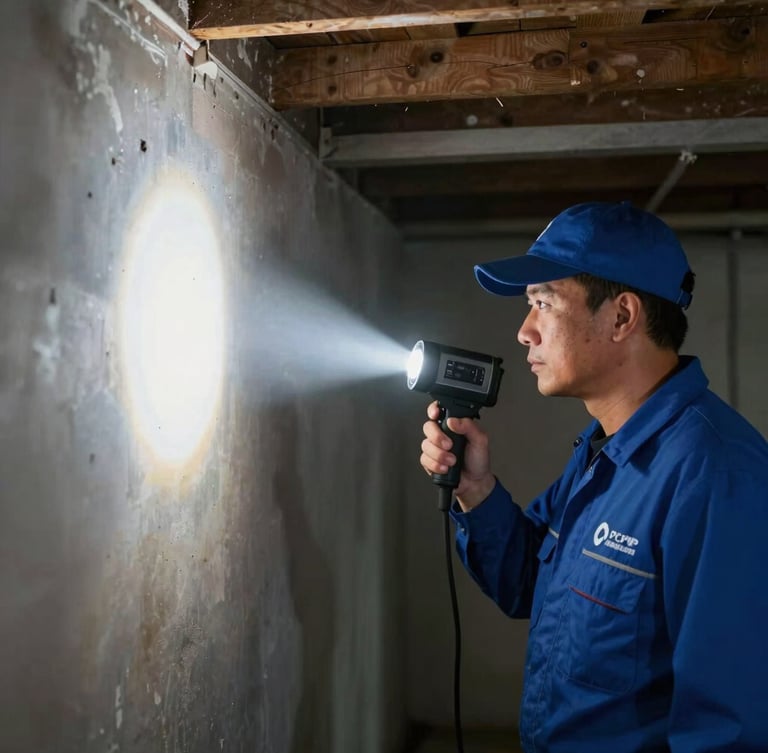 Professional pest control technician in branded uniform using a thermal imaging camera to scan a wall in a dimly lit crawlspace, bright beam from a flashlight cutting through the darkness, sharp documentary photography, medium shot.