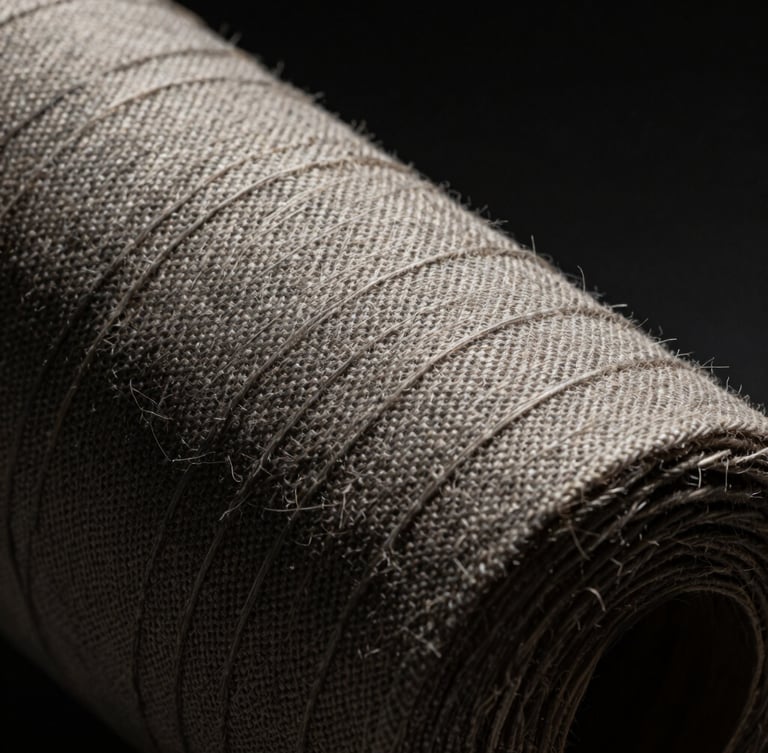 Extreme close-up of heavy-weave raw linen fabric texture, dramatic side-lighting with deep shadows, dark moody background, high-contrast tactile fibers