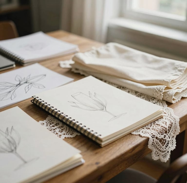 Quiet atelier moment, sketchbooks, fabrics, and champagne lace draped over a wooden table, soft window light
