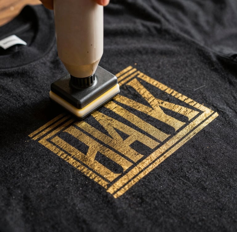 Close-up of golden screen-printing ink being pressed onto a black cotton t-shirt, detailed texture of the mesh and fabric, warm natural daylight, sharp focus, 35mm