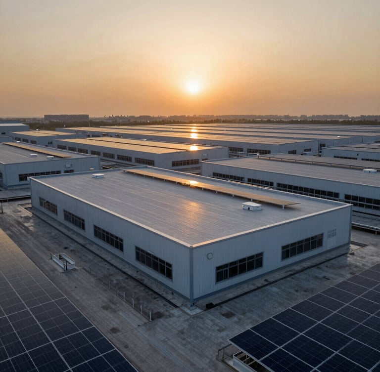 Wide-angle architectural photography of a massive commercial rooftop solar array at twilight, warm amber horizon light casting long shadows, clean geometric lines of panels, professional engineering aesthetic