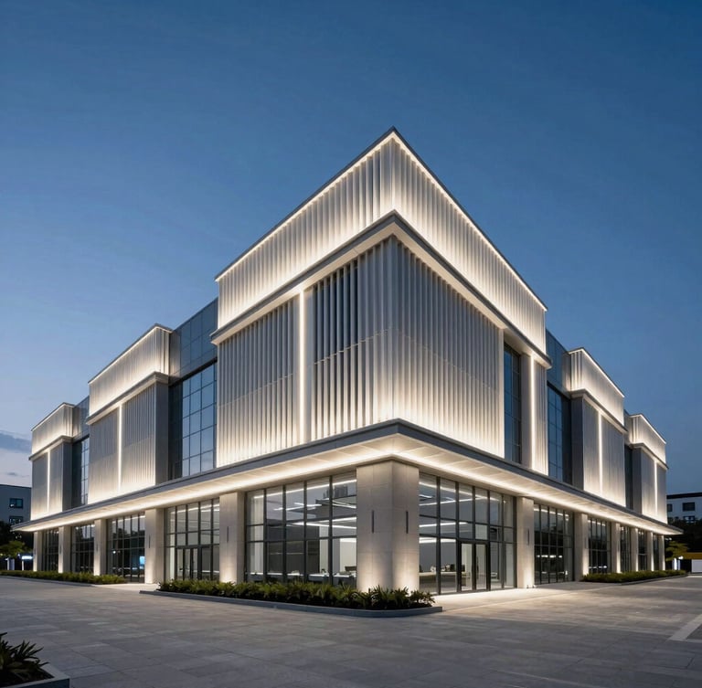 Wide-angle architectural photography of a modern commercial facility at twilight, illuminated with sharp linear LED lighting, high-contrast clean lines, 35mm