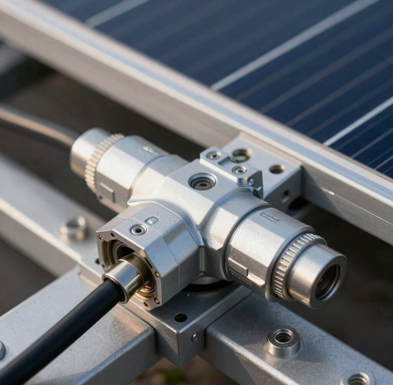 Macro technical shot of heavy-duty industrial solar panel connectors and structural cabling on a clean metallic mount, high-contrast daylight, sharp engineering focus.