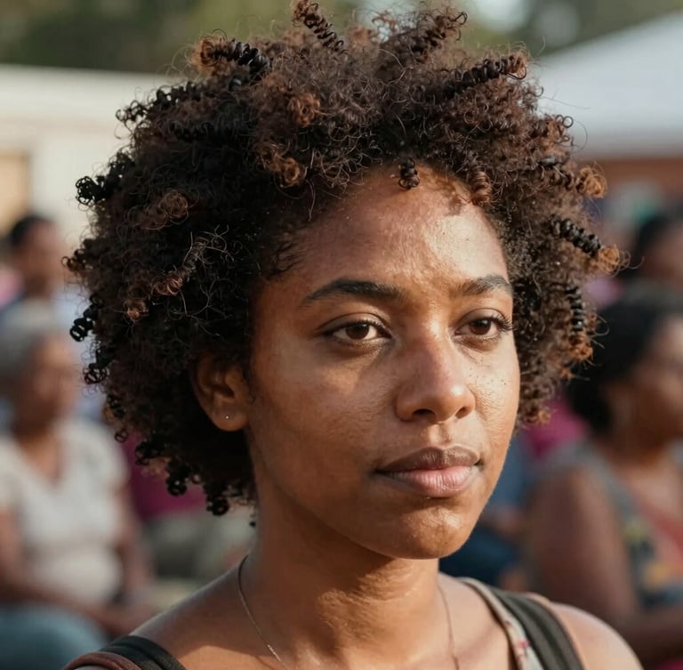 Intimate close-up portrait of an Afro-Latina woman with beautifully styled textured hair, warm natural sunlight highlighting her skin tone, soft focus background of a community gathering, vertical framing.