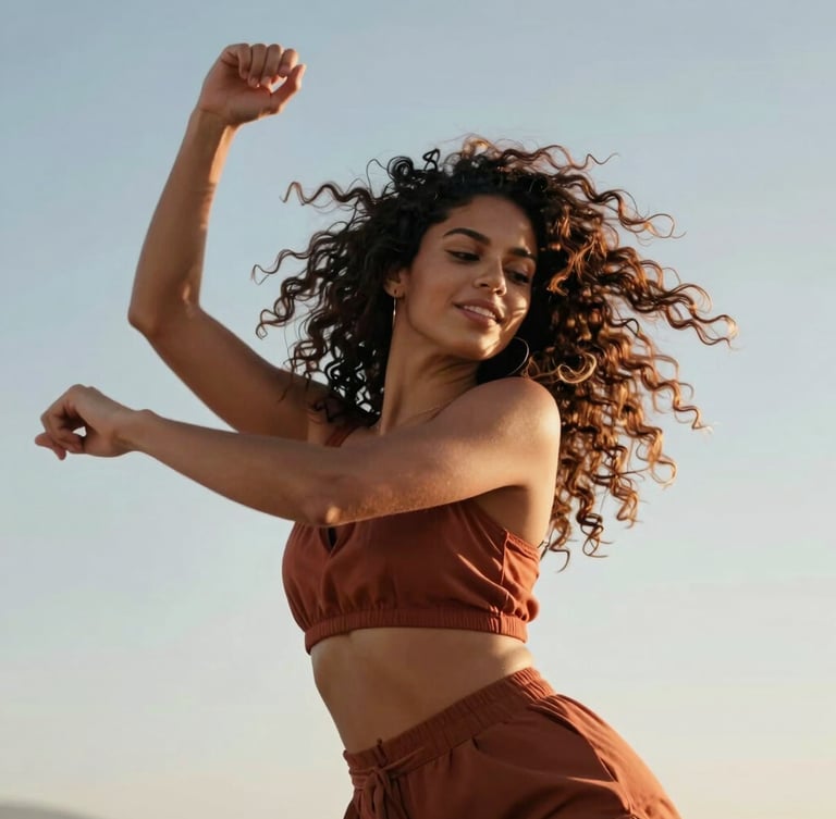 Dynamic low-angle portrait of Yara Silveira dancing, her textured hair in motion, warm sunlight highlighting her expression of joy and strength, wearing terracotta garments