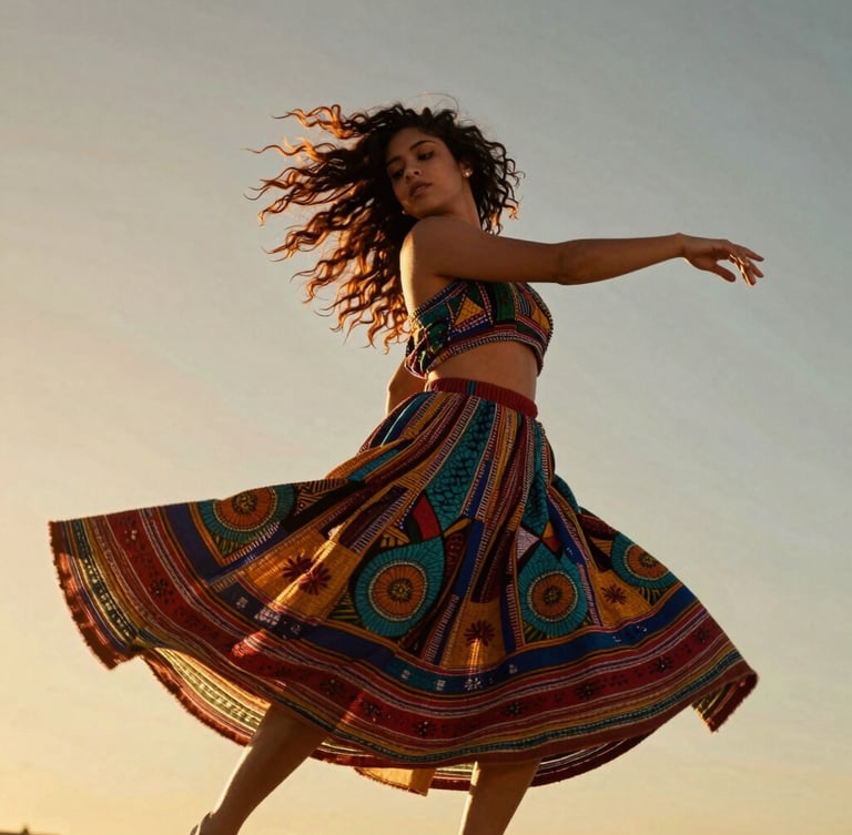 Low-angle dynamic shot of Yara Silveira dancing under warm golden hour sunlight, her textured hair in motion, vibrant traditional textiles swirling, rich shadows.