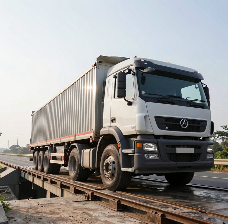 Low-angle wide shot of a massive 12-axle commercial cargo truck parked on a heavy steel weighbridge platform, bright midday sun reflecting off the metal, Saharsa highway bypass visible in the background.